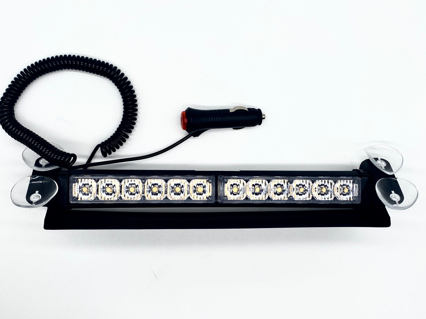 12 Inch LED single row amber strobing light bar with suction cup mounts and 18 strobing modes